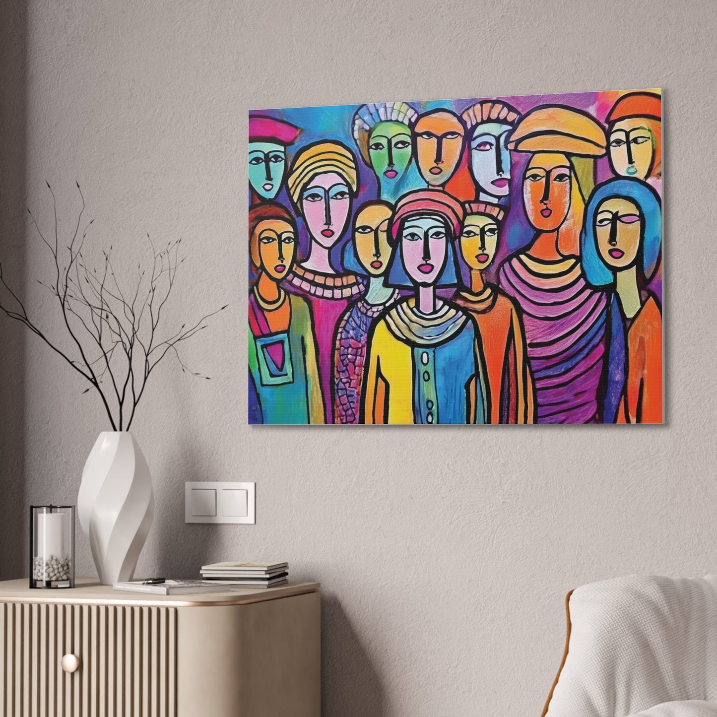 Colorful Stretched Canvas Art, Vibrant Wall Decor, Group of People Painting, Modern Home Gallery, Unique Gift for Art Lovers