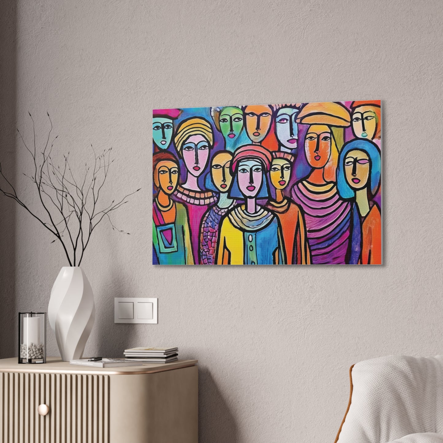Colorful Stretched Canvas Art, Vibrant Wall Decor, Group of People Painting, Modern Home Gallery, Unique Gift for Art Lovers