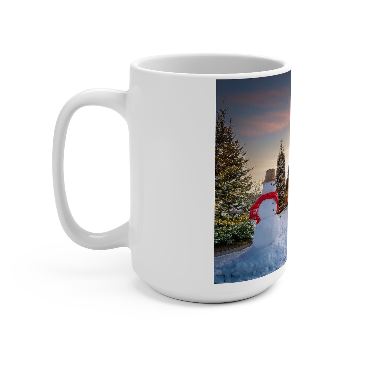 15oz Christmas Snowy Cottage Mug — Cozy Holiday Winter Scene Coffee Cup