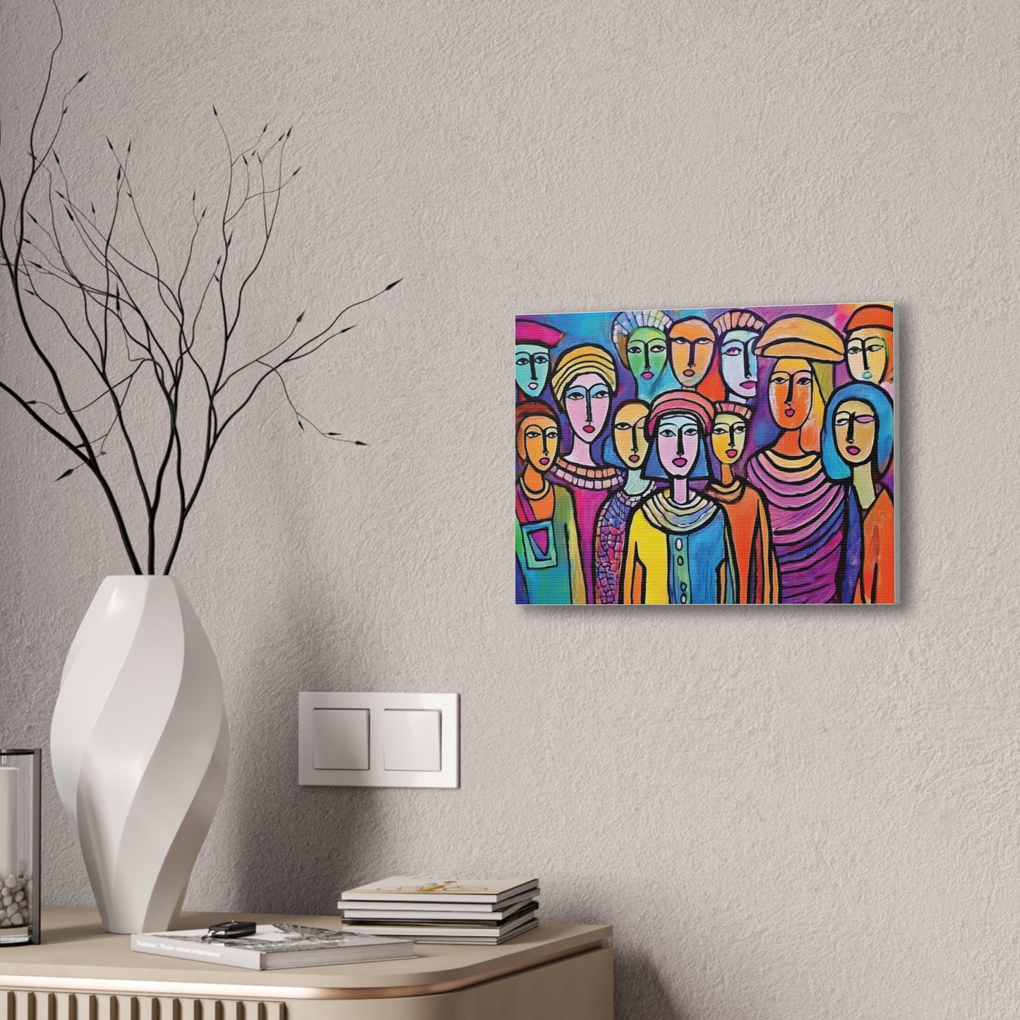 Colorful Stretched Canvas Art, Vibrant Wall Decor, Group of People Painting, Modern Home Gallery, Unique Gift for Art Lovers