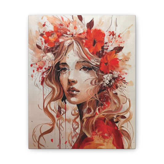 Stretched Canvas Art Print - Floral Portrait, Home Decor, Gift, Wall Art, Boho Style, Art for Living Room, Unique Gift Idea