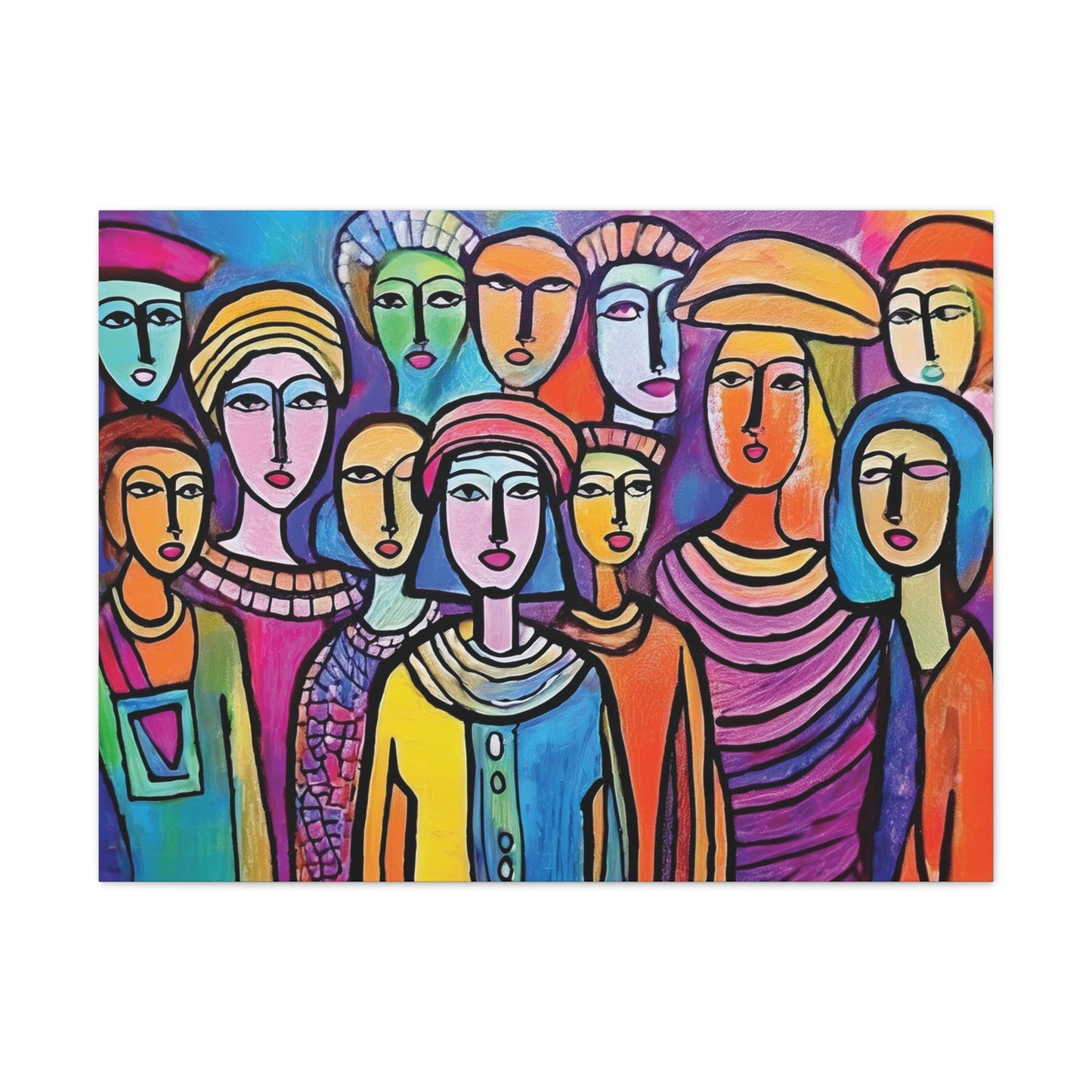 Colorful Stretched Canvas Art, Vibrant Wall Decor, Group of People Painting, Modern Home Gallery, Unique Gift for Art Lovers