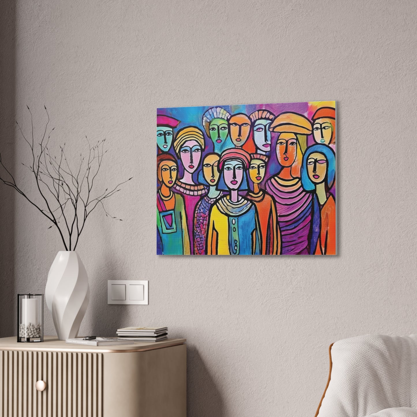 Colorful Stretched Canvas Art, Vibrant Wall Decor, Group of People Painting, Modern Home Gallery, Unique Gift for Art Lovers