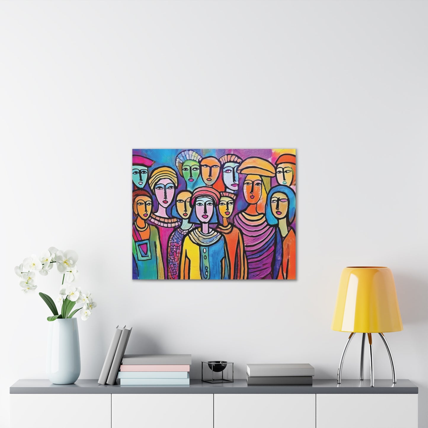 Colorful Stretched Canvas Art, Vibrant Wall Decor, Group of People Painting, Modern Home Gallery, Unique Gift for Art Lovers