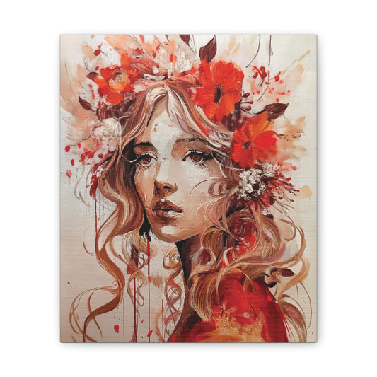 Stretched Canvas Art Print - Floral Portrait, Home Decor, Gift, Wall Art, Boho Style, Art for Living Room, Unique Gift Idea