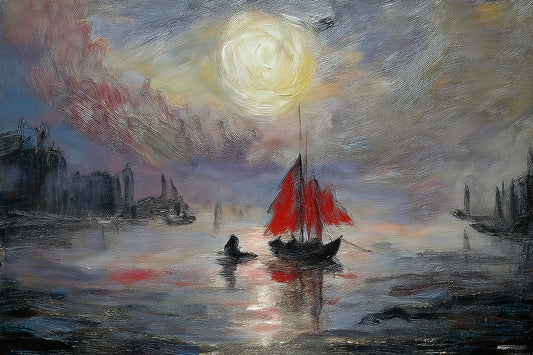 "Moonlit Serenity: Crimson Sails at Dusk"