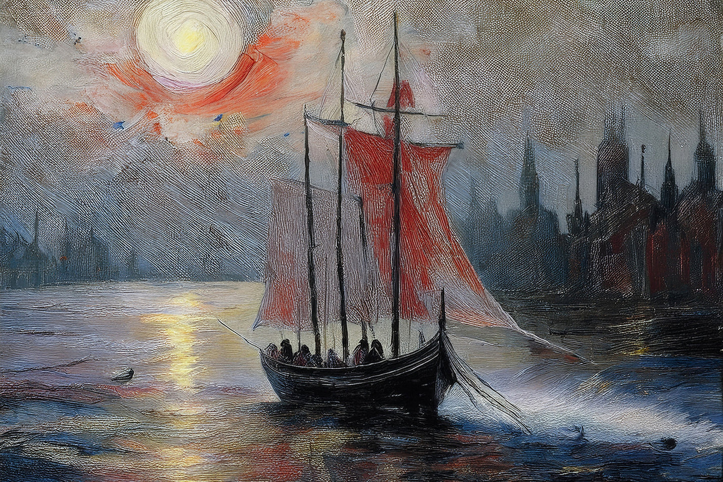 "Voyage into Twilight: The Crimson-Sailed Explorer"