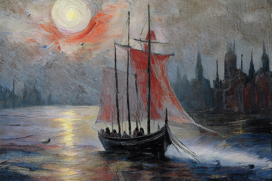"Voyage into Twilight: The Crimson-Sailed Explorer"