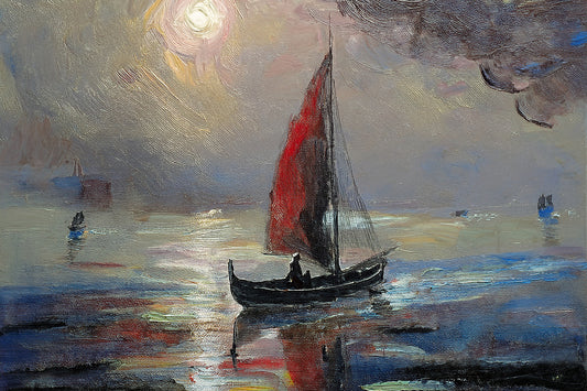"Whispers of the Tide: Crimson Sail at Dawn"