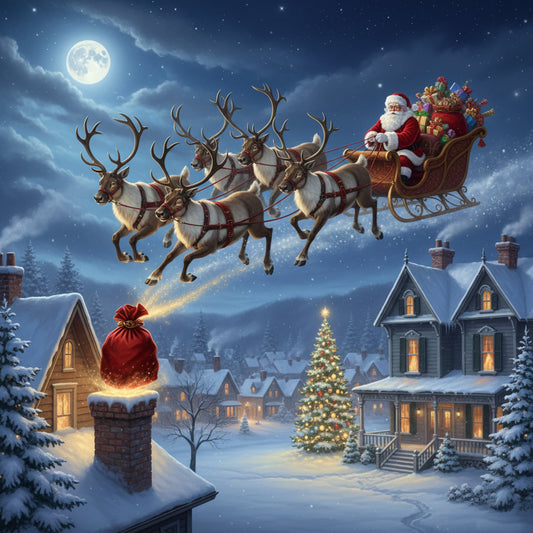 “Moonlit Magic: Santa’s Sleigh Ride”